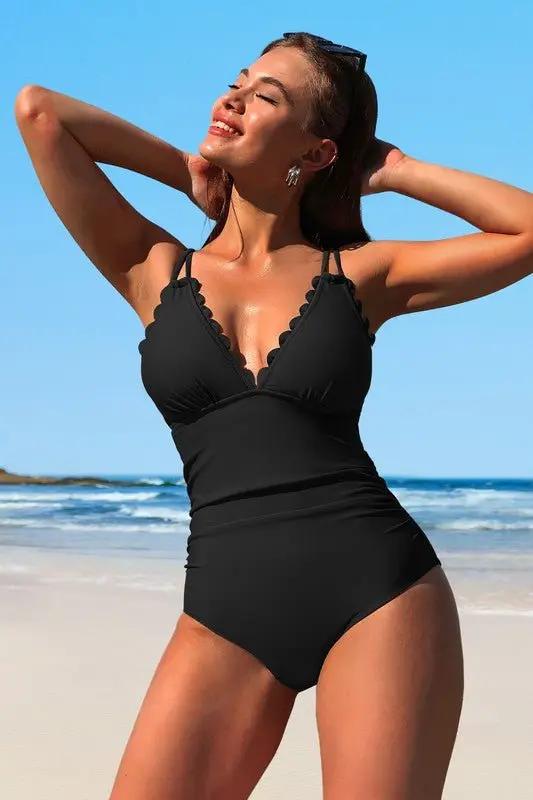 Scalloped V Neck Cut Out Monokini Swimwear for Women - Love Salve